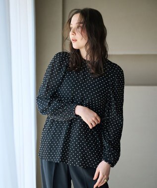 #Newans シアーパフスリーブブラウス ブラック×イエロードット