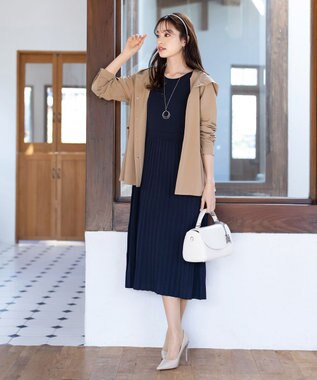 Tiaclasse L 【洗える】1枚で着映えするプリーツニットワンピース ネイビー