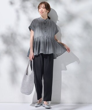 ANY L 半袖ティアードブラウス チャコール×ストライプ