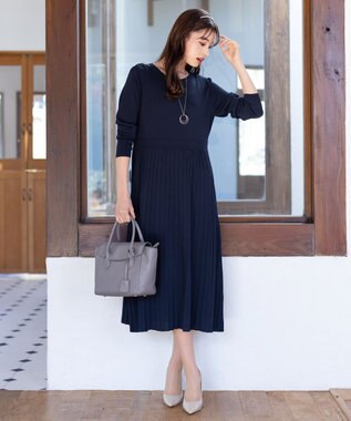Tiaclasse L 【洗える】1枚で着映えするプリーツニットワンピース ネイビー