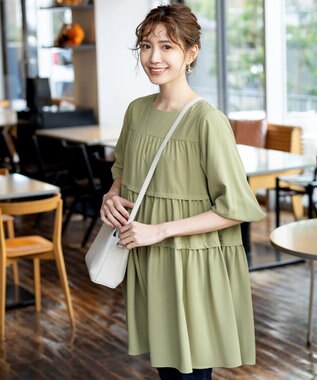 Tiaclasse L 【洗える】ティアードチュニックブラウス ライトカーキ