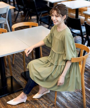 Tiaclasse L 【洗える】ティアードチュニックブラウス ライトカーキ