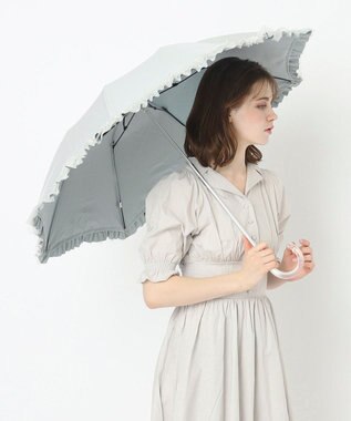 MOONBAT ランバン オン ブルー 晴雨兼用日傘 折りたたみ傘 ビジュー付きオーガンジーフリル 遮光 遮熱 UV オリーブグレー