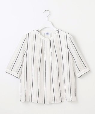 J.PRESS LADIES 【洗える】SHEERストライプ クルーネック ブラウス ホワイトストライプ系