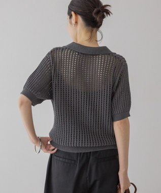 AMERICAN HOLIC 衿付きメッシュ編み半袖ニットプルオーバー Charcoal Gray
