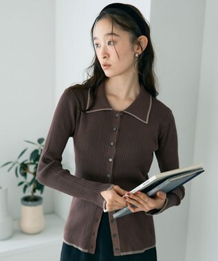 earth music&ecology バイカラートリムロングニットカーディガン