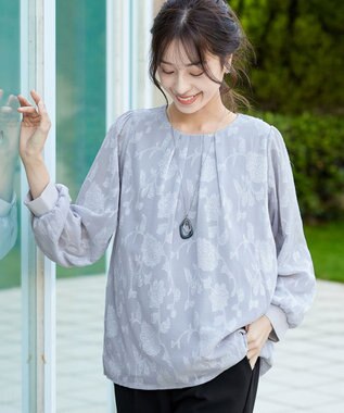 Tiaclasse 【洗える】フラワージャガードブラウス グレー