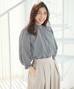 ANY L 【接触冷感/UVカット/抗菌防臭/速乾】エニイファンクション シャーリングブラウス ギンガム