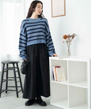 WEGO ボーダーショートニットプルオーバー ブルーボーダー