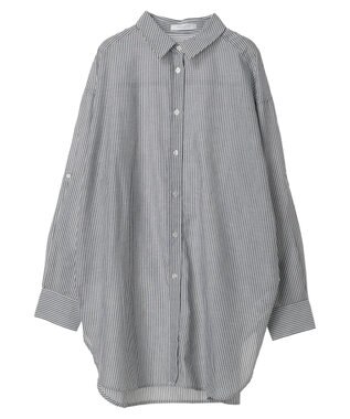 Green Parks 綿麻混タブ付オーバーサイズシャツチュニック Stripe Black