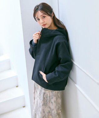 Feroux フード付きコクーンショート コート ブラック系