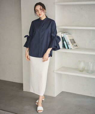 #Newans 【洗濯機可能/シワになりにくい】リボンカフスブラウス ネイビー