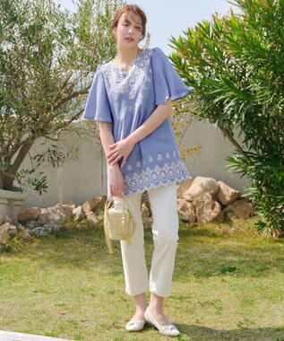 Tiaclasse 【洗える】スカラップレースチュニックブラウス サックス