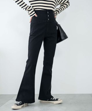WEGO ハイウエストストレッチフレアデニムパンツ ブラック