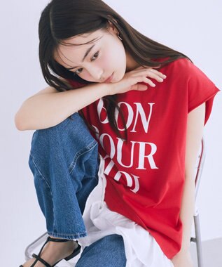 earth music&ecology 【綿100％】フレンチスリーブプリントＴシャツ Red