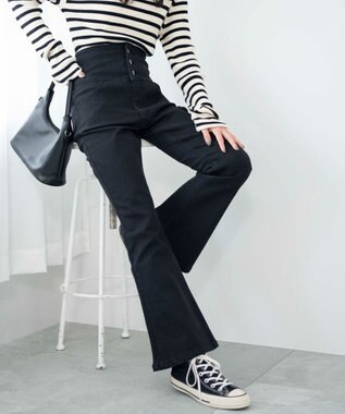 WEGO ハイウエストストレッチフレアデニムパンツ ブラック
