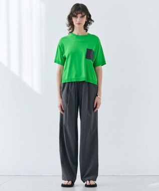 BEIGE， 【洗える】NADIA / レザーポケット付き半袖ニットTシャツ Green
