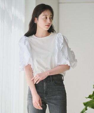 #Newans 【撥水・吸水速乾】コンビネーションフリルスリーブカットソー ホワイト系