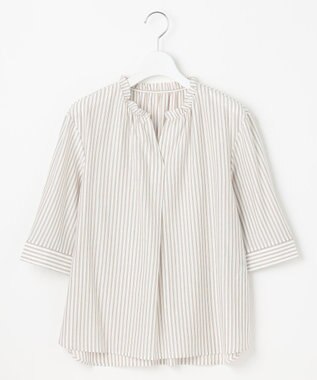 J.PRESS LADIES L ストライプジャージー フリル襟 カットソー ブラウン系1