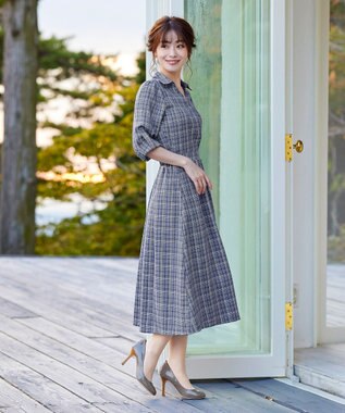 Tiaclasse L 【洗える】小顔効果も期待できるスキッパーシャツワンピース ネイビーチェック