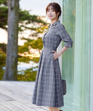 Tiaclasse L 【洗える】小顔効果も期待できるスキッパーシャツワンピース ネイビーチェック