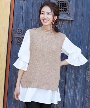 Tiaclasse L 【洗える】着回し自在のニットベスト＆フレア袖チュニックセット ベージュ