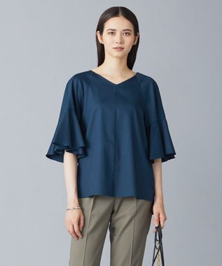 ICB 【洗える】コットンサテン　フレアスリーブブラウス パイングリーン系