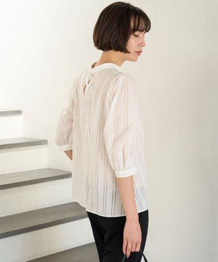 UNFILO ストライプレース 2WAY パフスリーブブラウス オフ