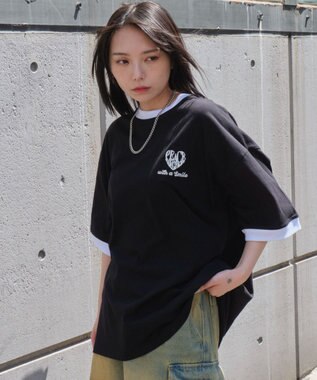 WEGO 【ユニセックス着用ITEM/MLサイズ展開】アクセ付きリンガーグラフィックT（SS） ブラック