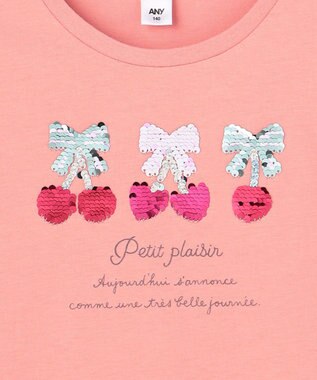 ANY KIDS 【綿100%】ドロップショルダーミラクルスパンコールTシャツ コーラル×サクランボ