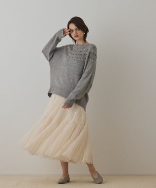 GRACE CONTINENTAL フェアアイル刺繍ニットトップ グレー