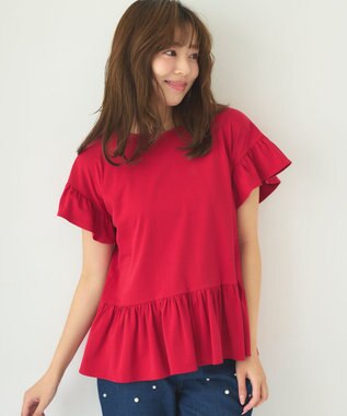 Feroux 【UVケア】フリルスリーブペプラム カットソー レッド系