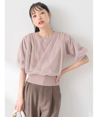 earth music&ecology チュールドッキング半袖ニットプルオーバー Pink