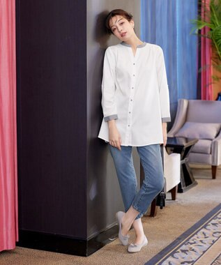 Tiaclasse 【洗える】クレリックシャツチュニックブラウス オフホワイト×サックス