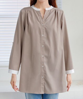 Tiaclasse 【洗える】クレリックシャツチュニックブラウス グレージュ×オフホワイト