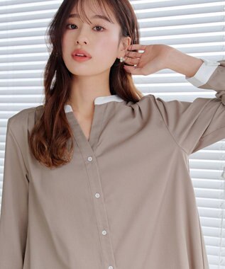 Tiaclasse 【洗える】クレリックシャツチュニックブラウス グレージュ×オフホワイト