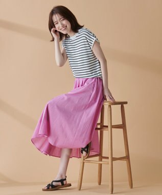 ANY 【ウエストゴム/ポケット付】シャンブレーライク フレアスカート ピンク