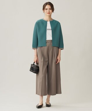 自由区 L 【洗える】ポリエステルホールガーメントボレロ ニット ボトルグリーン×モカ