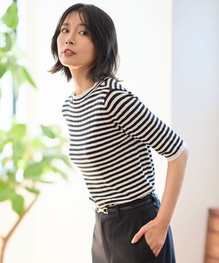 ANY リブボーダーニット オフ×ブラック