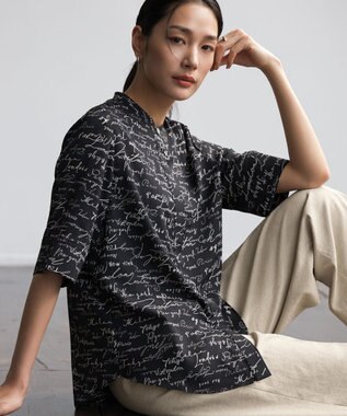 ICB L 【CLASSY.掲載・30th ANNIVERSARY】5cityプリント バンドカラーブラウス ブラック×オフホワイト