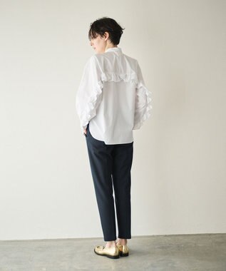 #Newans 【シワになりにくい/洗濯機可能】ラウンドフリルバンドカラーシャツ ホワイト