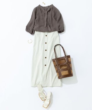 23区 L 【洗える】LIBECO ボウタイ ボリュームスリーブ ブラウス ダークブラウン系