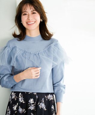 ANY SIS S 【洗える】フリルチュールコンビ ニット ライトブルー