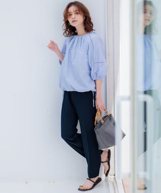 23区 L 【新色追加/洗える】ストレッチジョーゼット テーパード パンツ ネイビー系