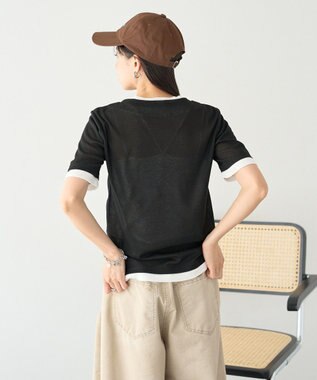 earth music&ecology シアーレイヤード風5分袖プルオーバー Black