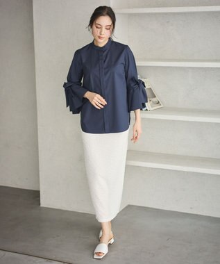 #Newans 【洗濯機可能/シワになりにくい】リボンカフスブラウス ネイビー