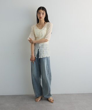 Green Parks カットワークデザインレース半袖トップス Off White