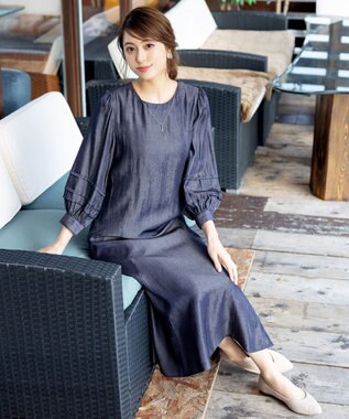 Tiaclasse 【洗える】ナローフレアパフスリーブワンピース ネイビー