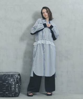 YECCA VECCA シアーMIXドロストデザインシャツワンピース Stripe