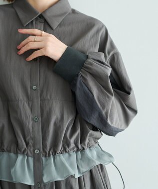 YECCA VECCA シアーMIXドロストデザインシャツワンピース Khaki